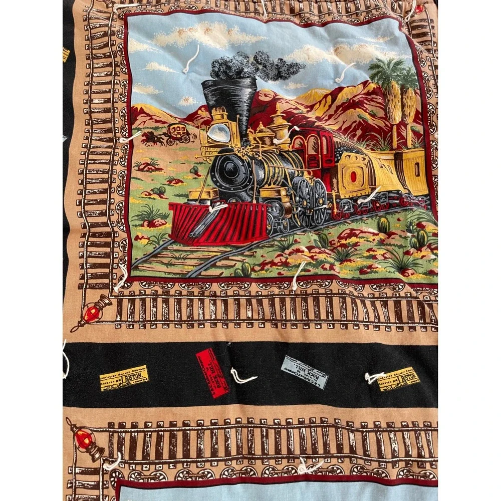 Vintage Steam Engine Locomotive Train Quilted Throw Blanket 48x40 Railroad Theme